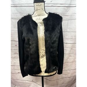 Banana Republic Black‎ Faux Fur Trim Knit Open Front Cardigan  Women's Medium